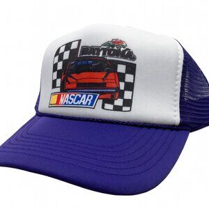 Vintage NASCAR Daytona Racing Trucker Hat Purple Mesh Snapback 80s Cap Car Fans